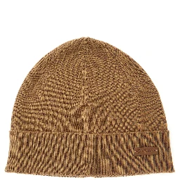 Beige Knit Beanie with Logo Patch on the Front in Wool Woman