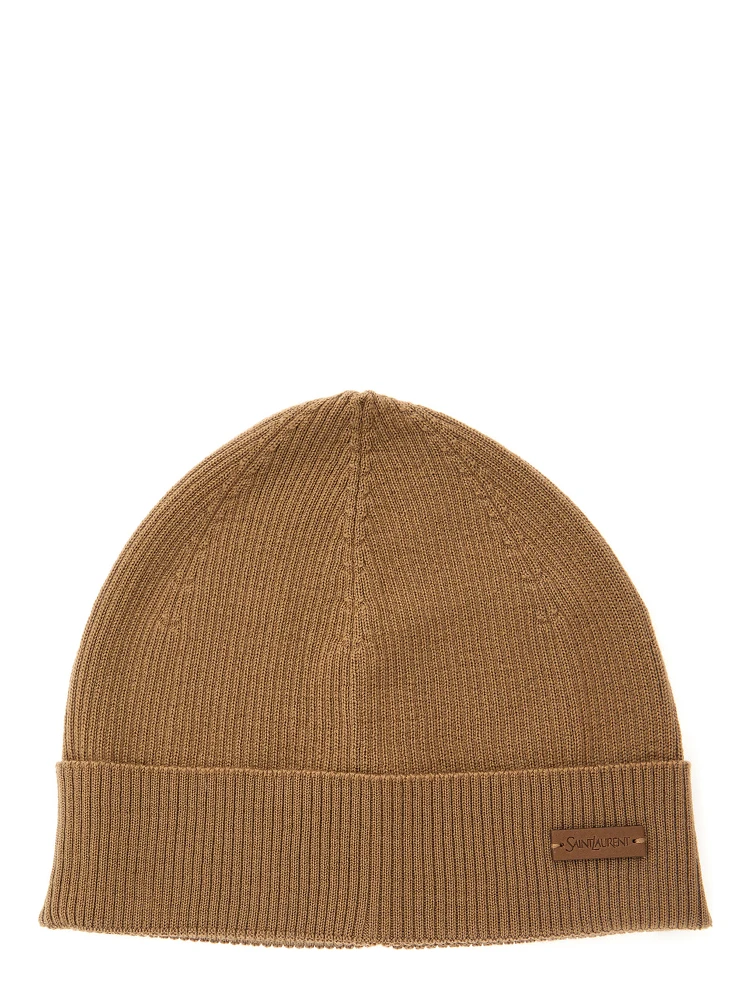 Beige Knit Beanie with Logo Patch on the Front in Wool Woman