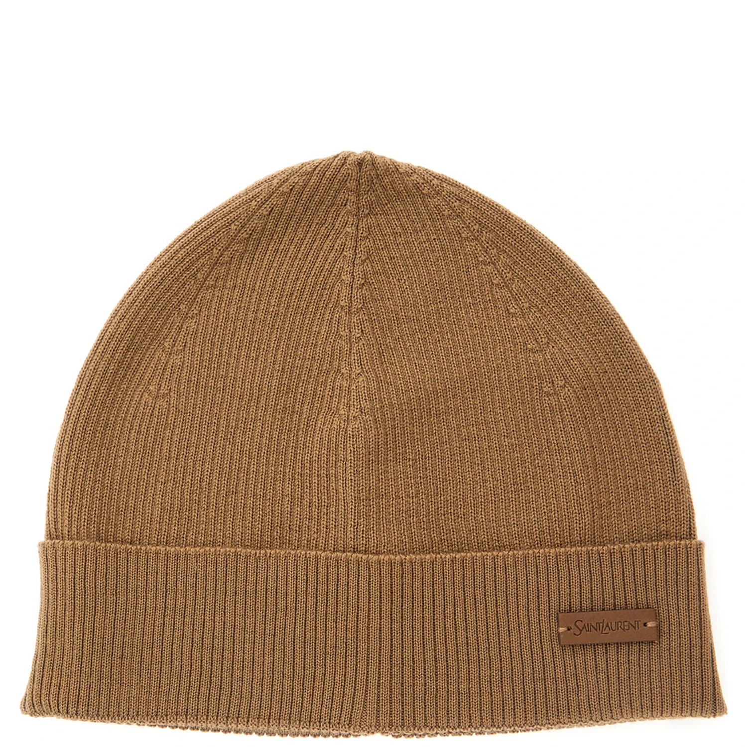 Beige Knit Beanie with Logo Patch on the Front in Wool Woman