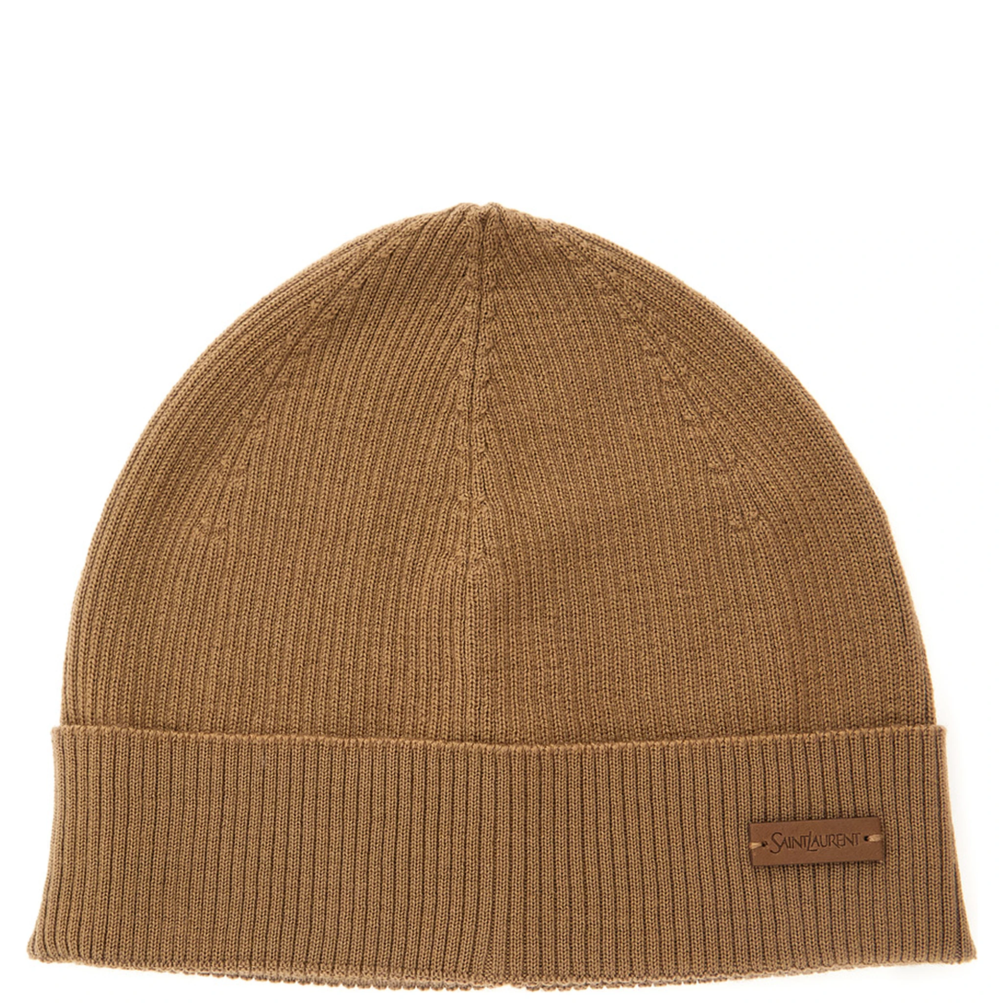 Beige Knit Beanie with Logo Patch on the Front in Wool Woman