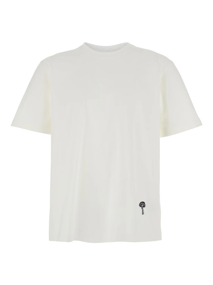 White Crewneck T-Shirt with Mushroom Embroidery on the Front in Cotton Man