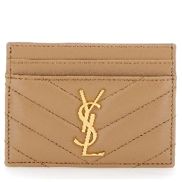 Beige Card Holder with Cassandre Plaque on Front in Chevron Leather Woman