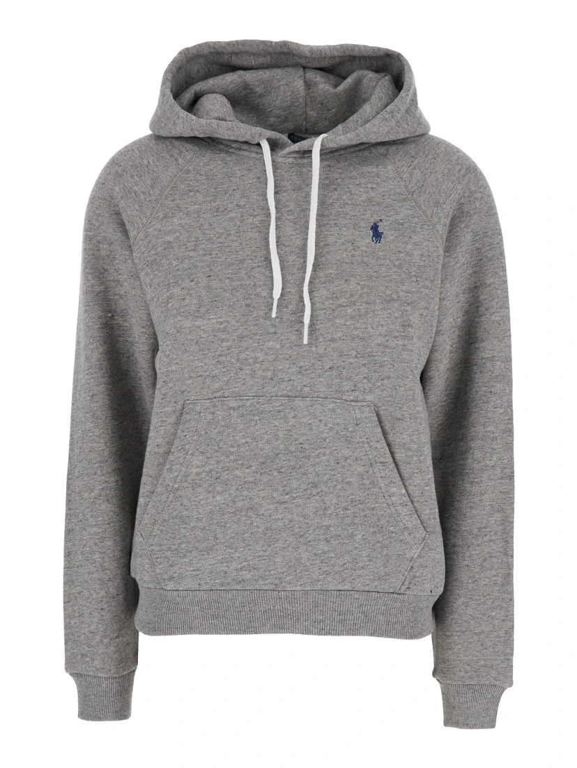 Grey Hoodie with Drawstring Hood and Pony Embroidery on the Front in Cotton Blend Woman