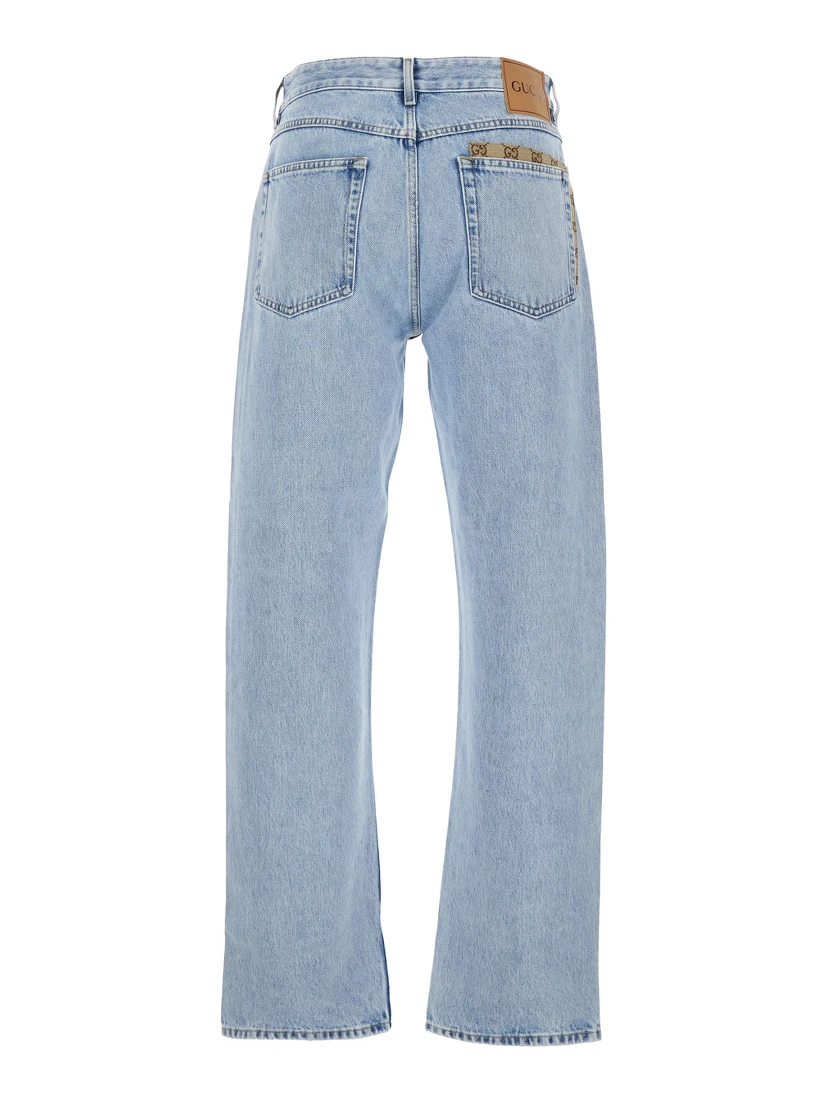 Light Blue Jeans with GG Detail on the Pocket and Logo Patch on the Rear in Denim Man