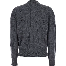 Grey Crewneck Cardigan with Knot Buttons Closure and Ribbed Knit in Wool Woman