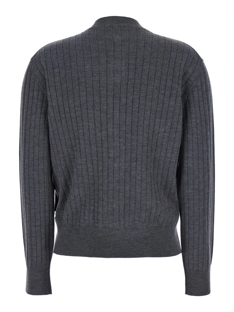 Grey Crewneck Cardigan with Knot Buttons Closure and Ribbed Knit in Wool Woman alternative