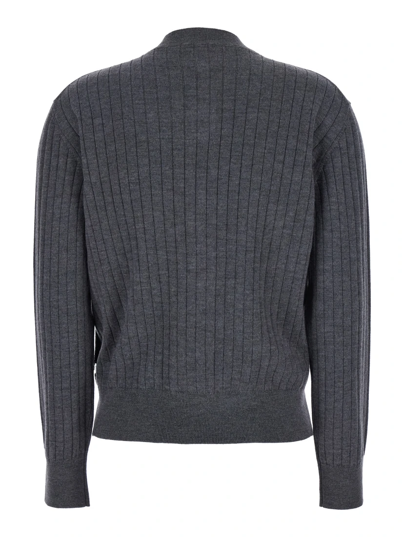 Grey Crewneck Cardigan with Knot Buttons Closure and Ribbed Knit in Wool Woman