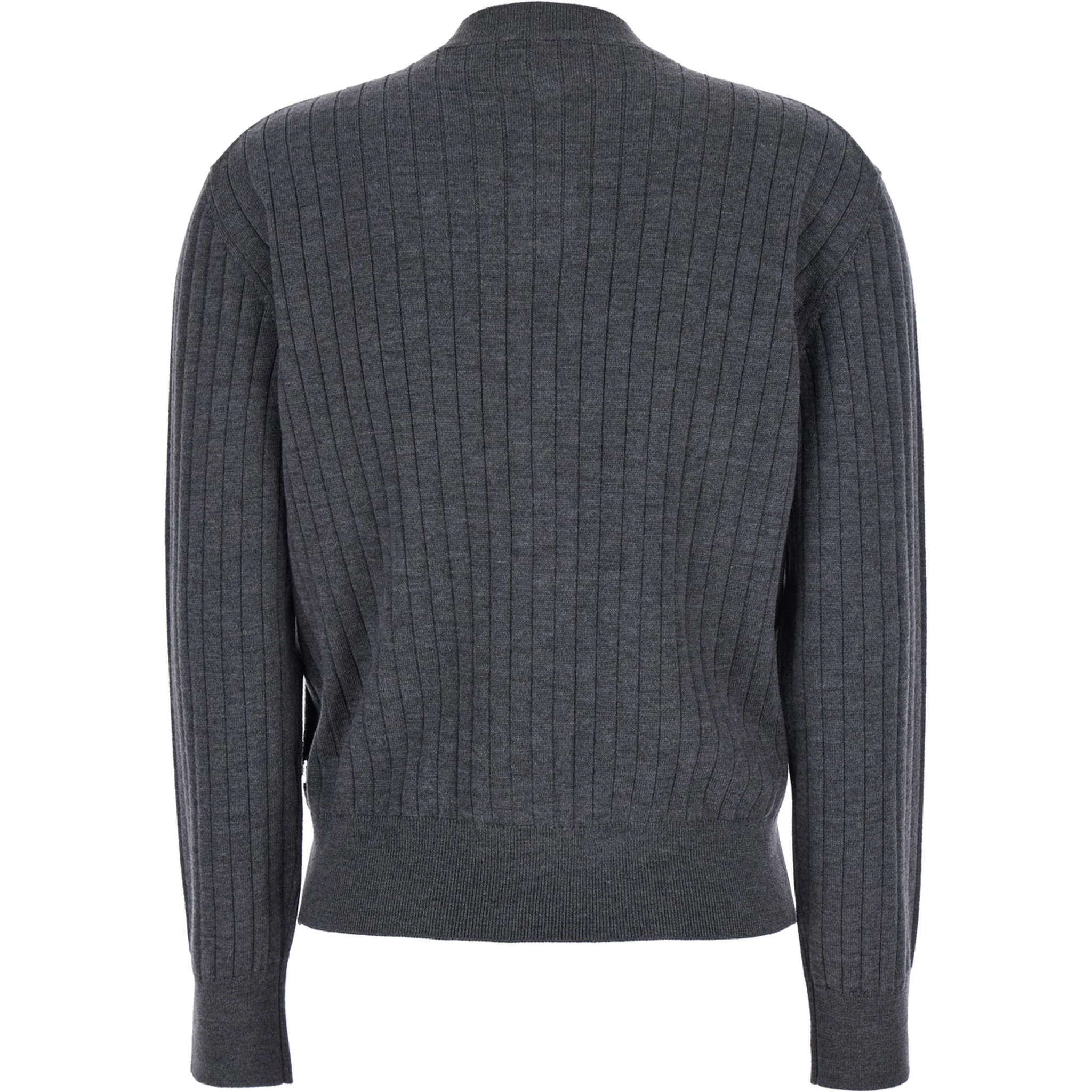 Grey Crewneck Cardigan with Knot Buttons Closure and Ribbed Knit in Wool Woman