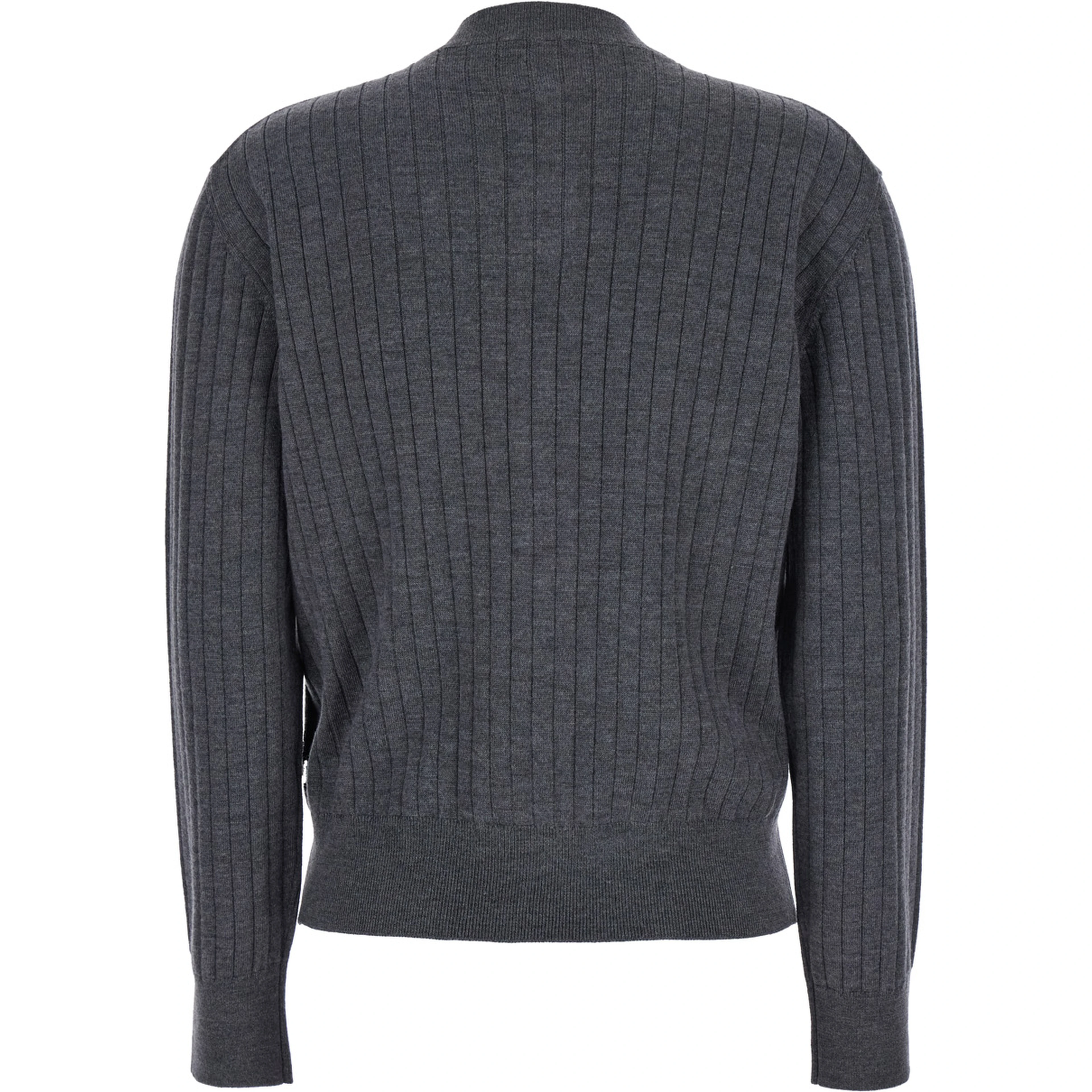 Grey Crewneck Cardigan with Knot Buttons Closure and Ribbed Knit in Wool Woman