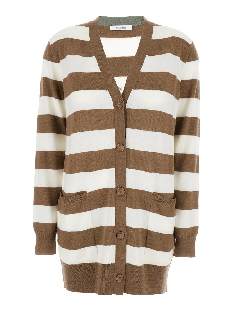 FiemmeBeige Cardigan with Rear Embroidery and All-Over Striped Motif in Wool Woman