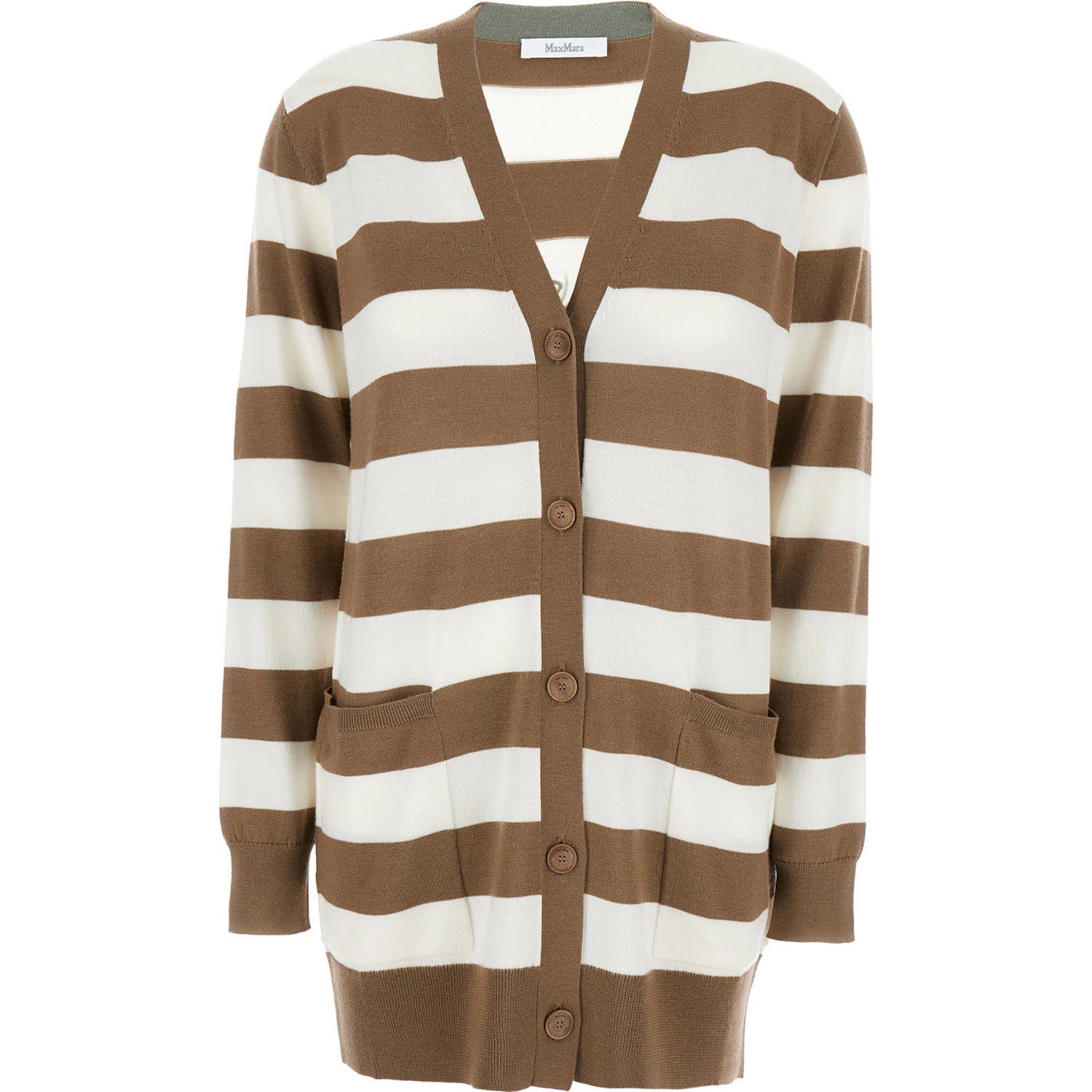 FiemmeBeige Cardigan with Rear Embroidery and All-Over Striped Motif in Wool Woman