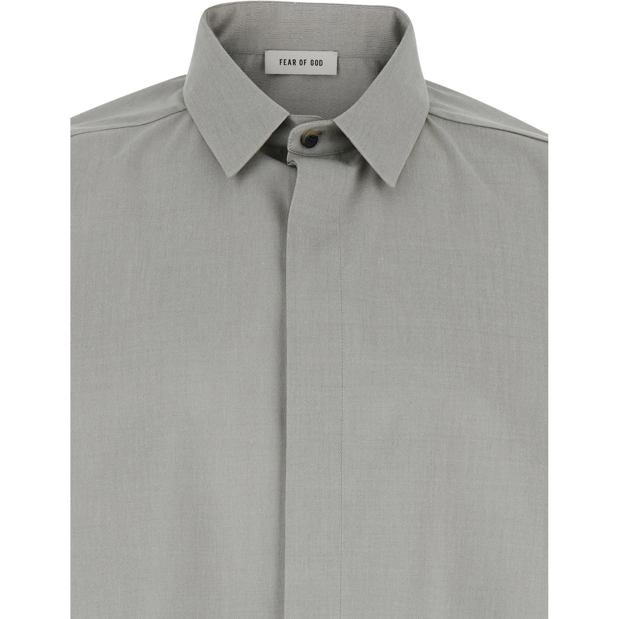 Grey Shirt with Classic Collar and Logo Patch on the Rear in Cotton and Wool Blend Man