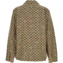 Beige Shirt with Spread Collar and Two Front Welt Pockets in GG Canvas Man