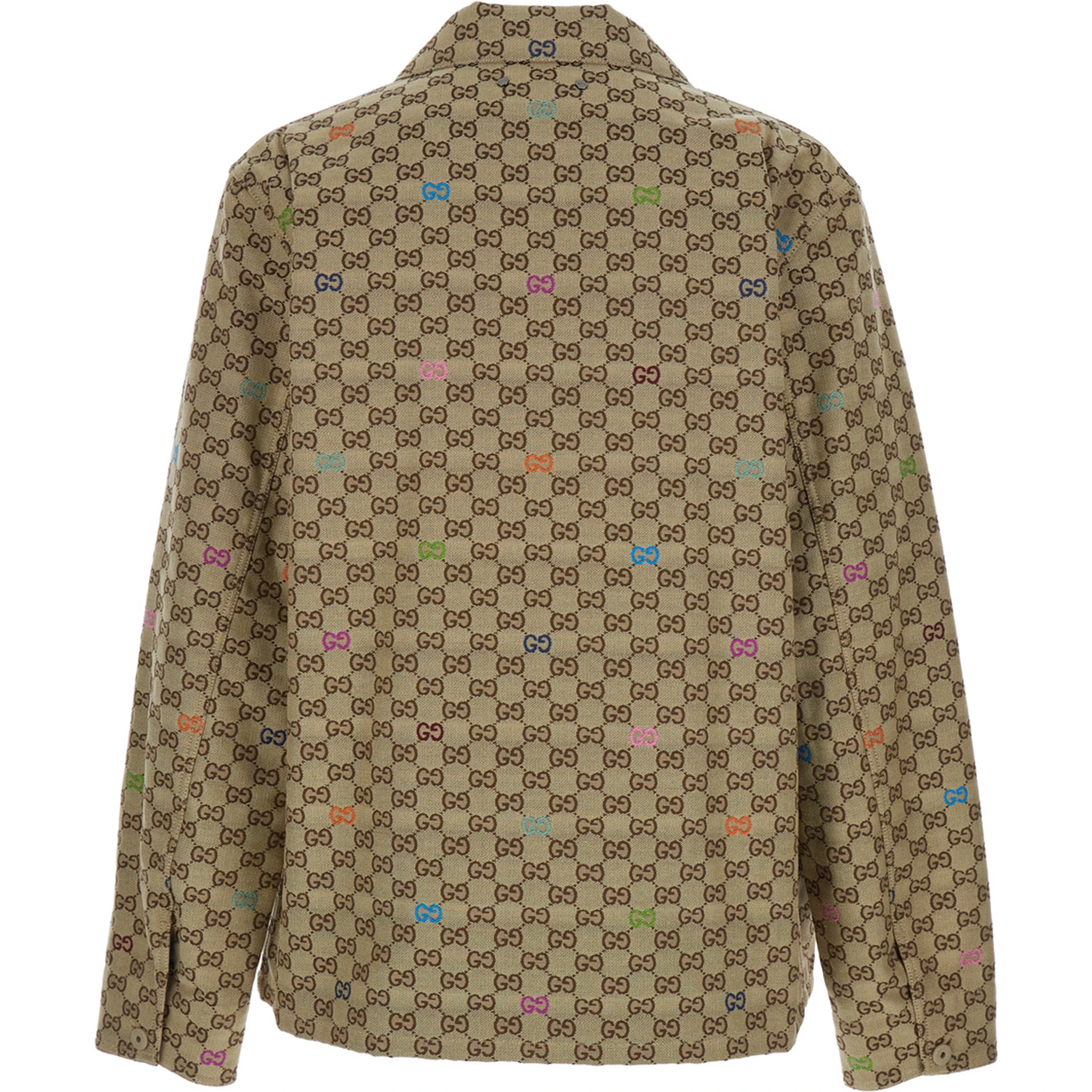 Beige Shirt with Spread Collar and Two Front Welt Pockets in GG Canvas Man