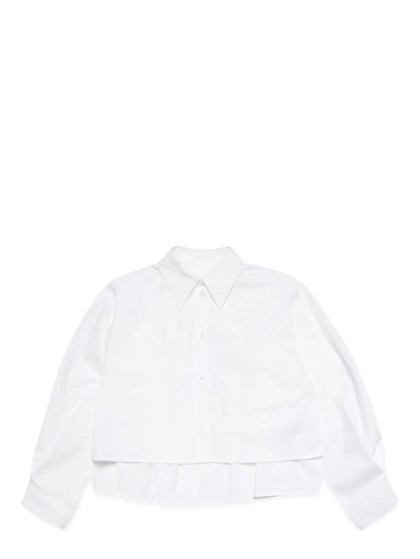 White Shirt with Classic Collar and Tonal Logo Patch in Cotton Boy