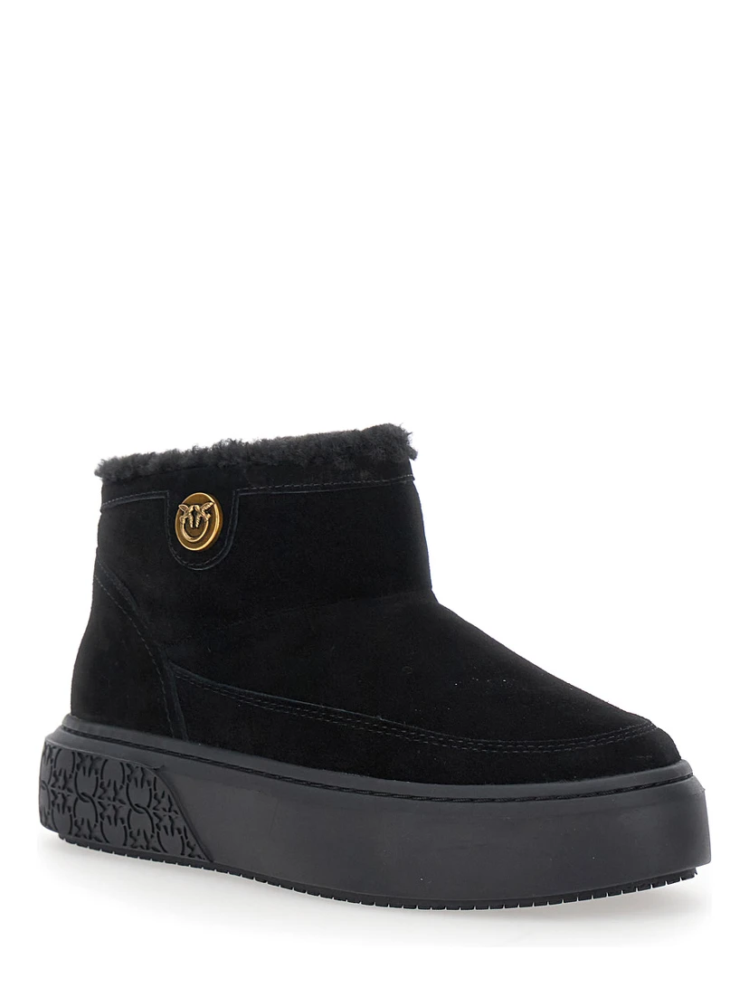 Yoko Black Ankle Boots with Love Birds Diamond Cut Patch and Fur Lining in Suede Woman