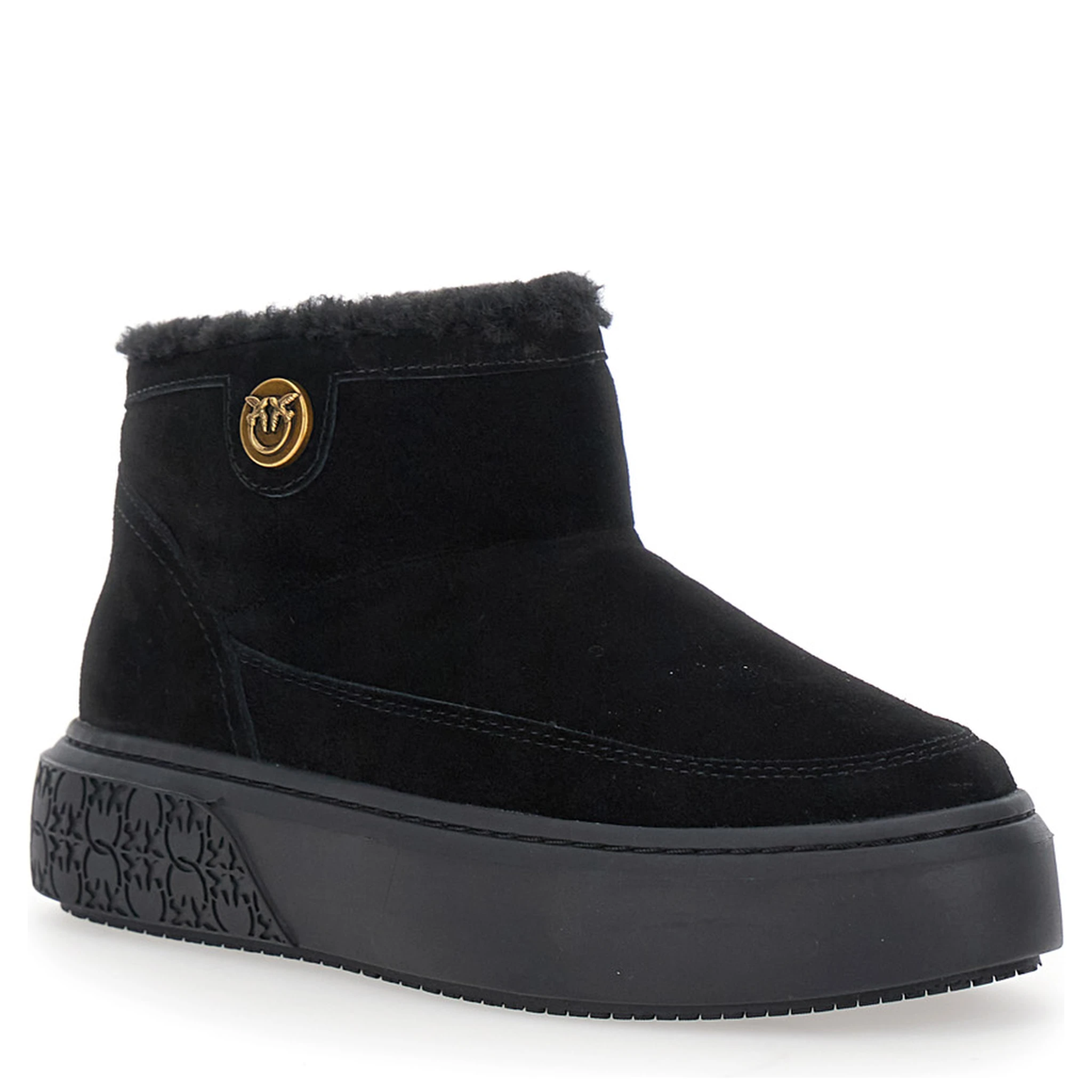 Yoko Black Ankle Boots with Love Birds Diamond Cut Patch and Fur Lining in Suede Woman