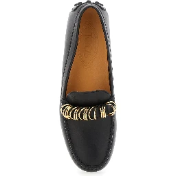 Black Loafers with Ring Detail on the Front and Rubber Sole in Leather Woman