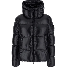 Biddy Black Down Jacket with Hood and Logo on the Sleeve in Tech Fabric Woman