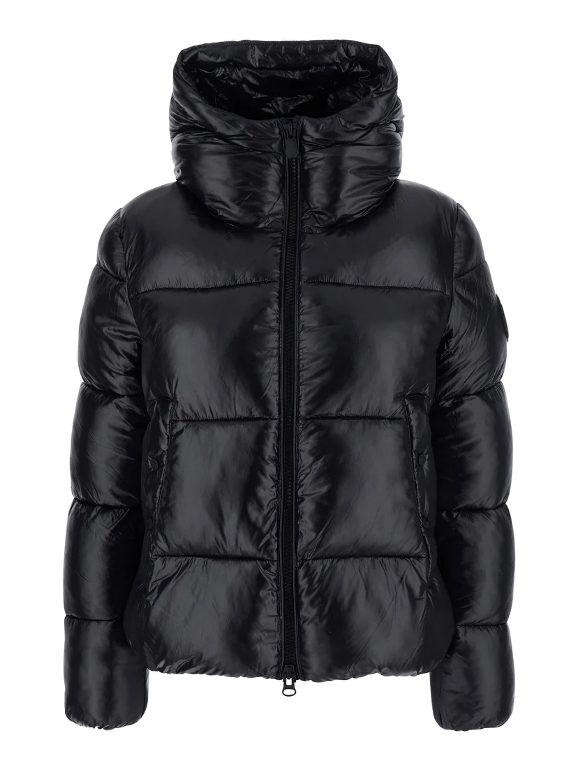 Biddy Black Down Jacket with Hood and Logo on the Sleeve in Tech Fabric Woman