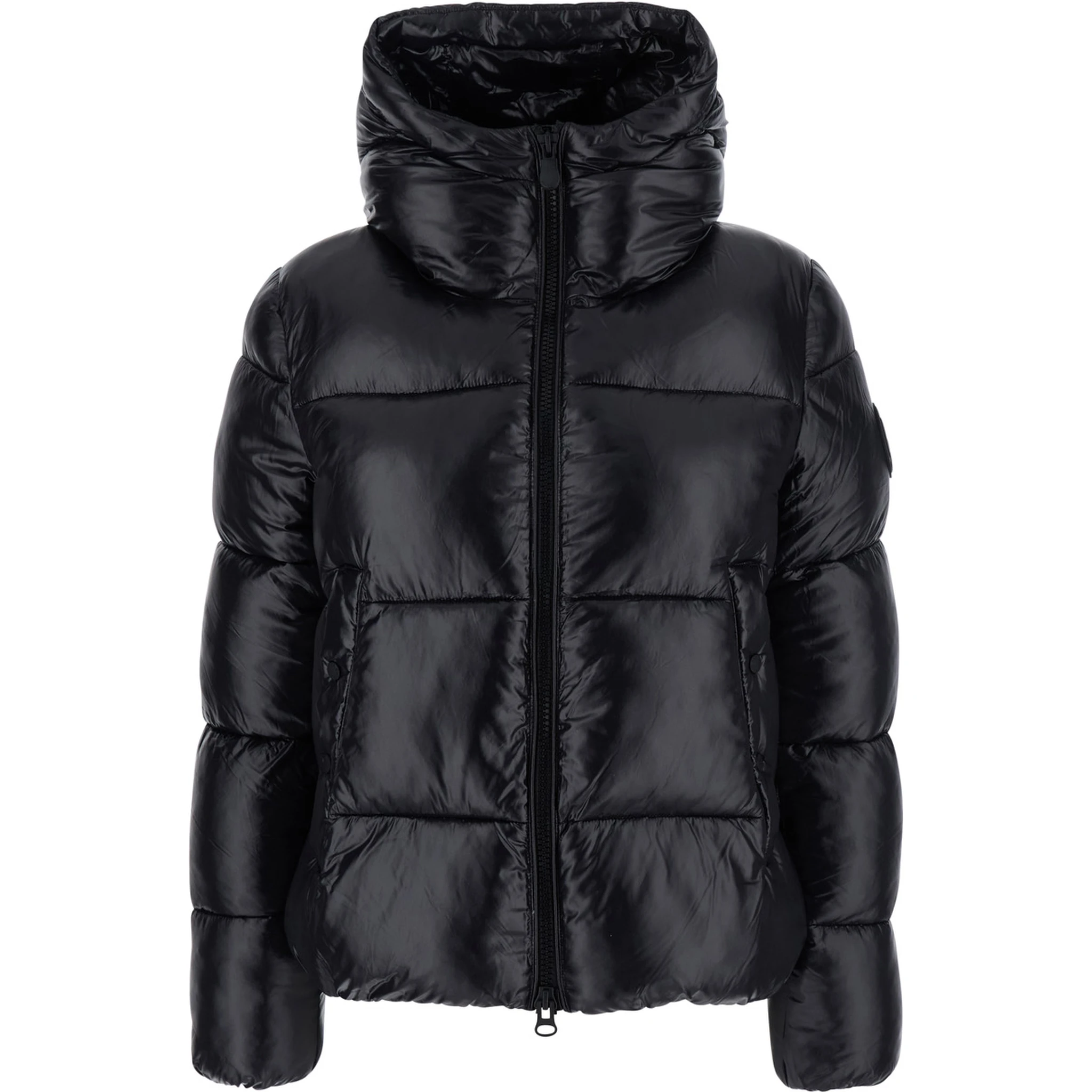 Biddy Black Down Jacket with Hood and Logo on the Sleeve in Tech Fabric Woman