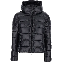 Cosmary Black Down Jacket with Removable Hood and Logo Patch on the Sleeve in Tech Fabric Woman