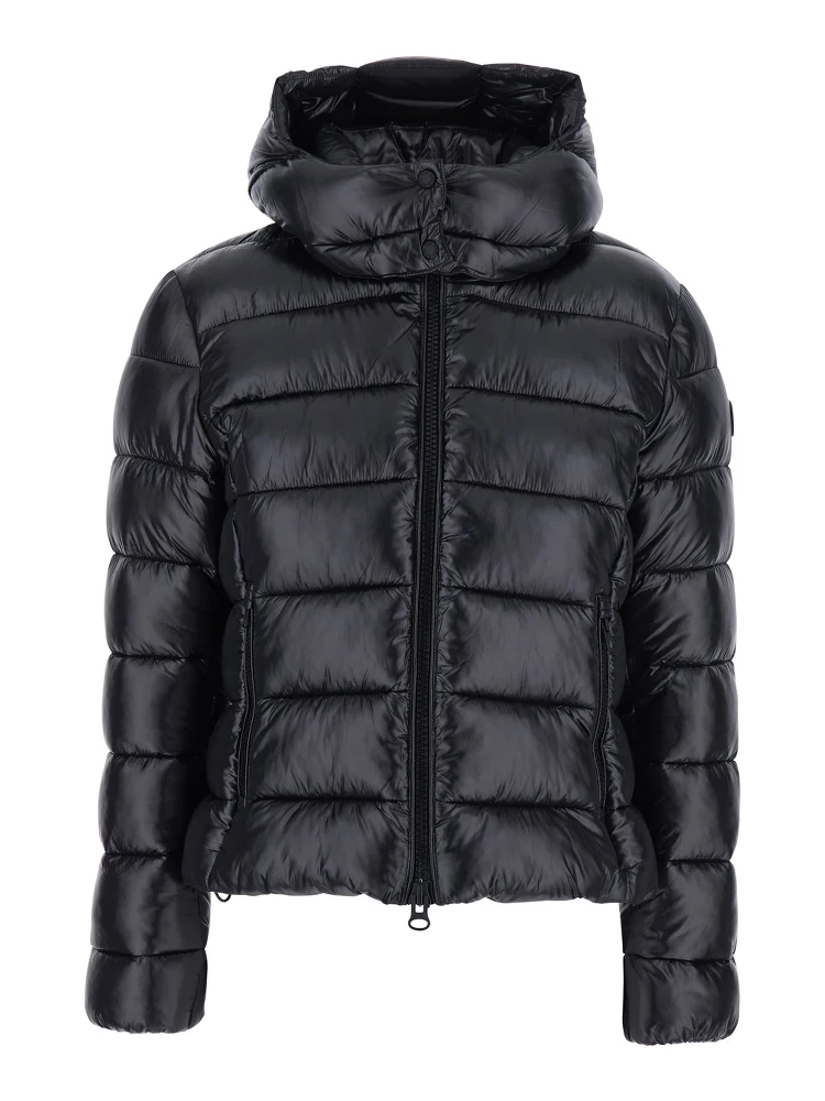 Cosmary Black Down Jacket with Removable Hood and Logo Patch on the Sleeve in Tech Fabric Woman