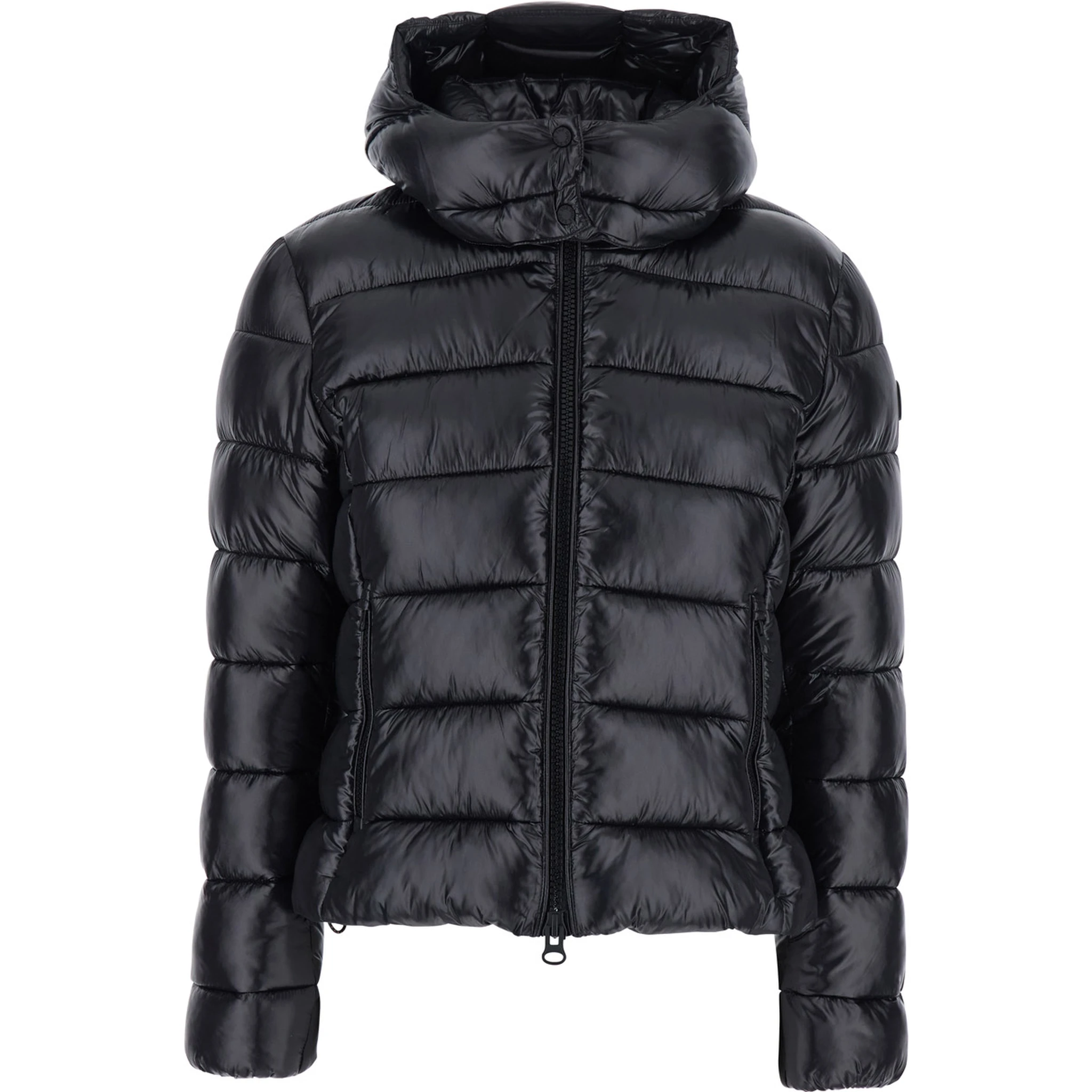 Cosmary Black Down Jacket with Removable Hood and Logo Patch on the Sleeve in Tech Fabric Woman