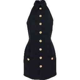 Black Dress with Pointed Collar and Logo Buttons on the Front in Wool Woman