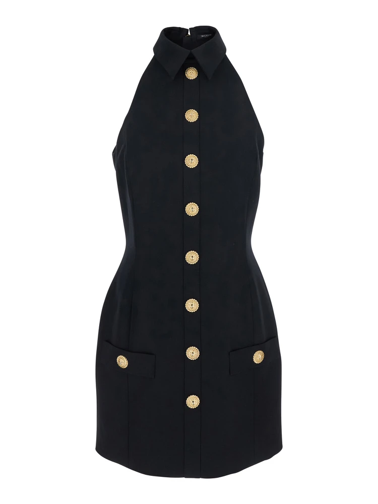Black Dress with Pointed Collar and Logo Buttons on the Front in Wool Woman