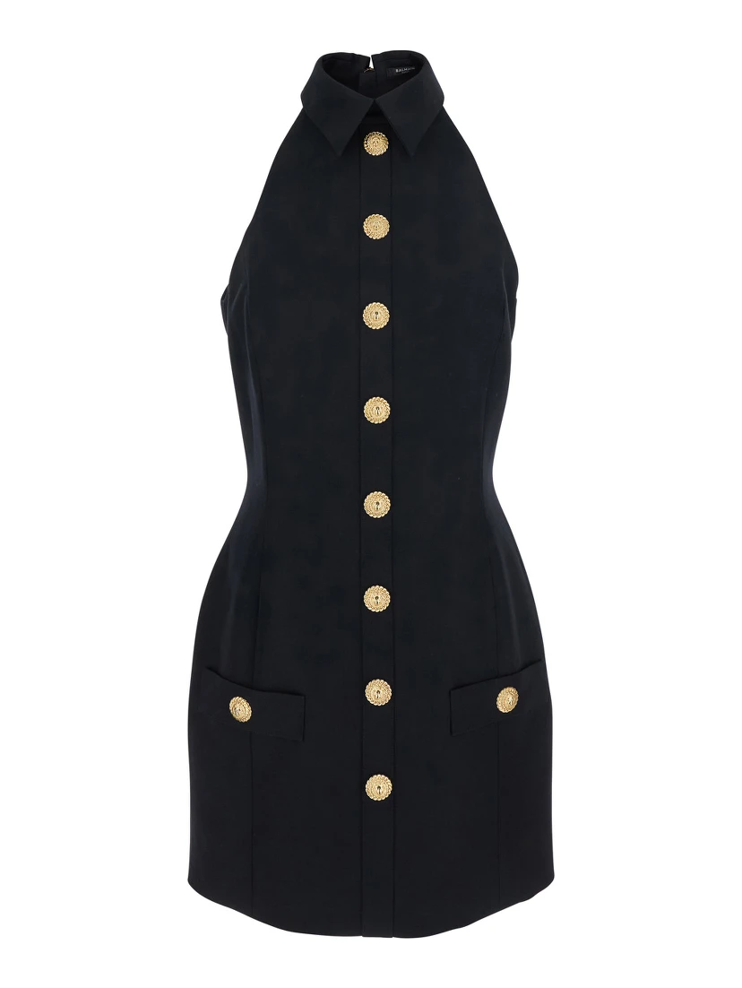 Black Dress with Pointed Collar and Logo Buttons on the Front in Wool Woman