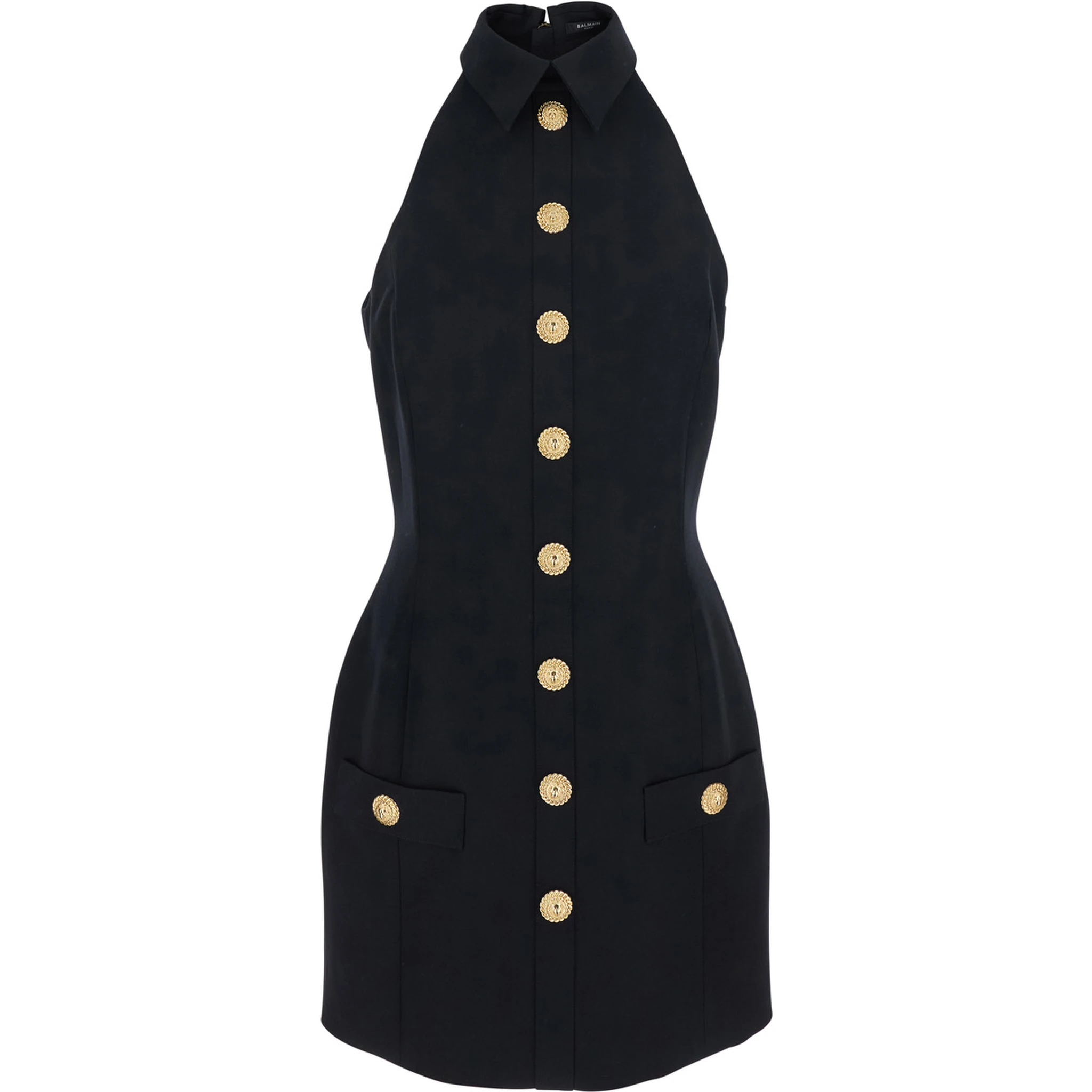 Black Dress with Pointed Collar and Logo Buttons on the Front in Wool Woman