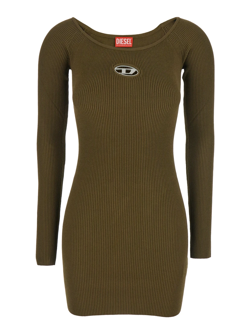 M-Vera Green Mini Dress with Boat Neckline and Cut-Out with Logo on the Front in Viscose Stretch Woman