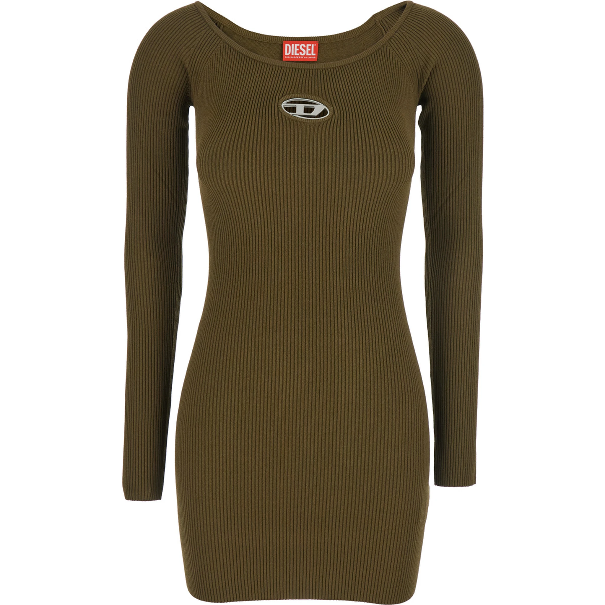 M-Vera Green Mini Dress with Boat Neckline and Cut-Out with Logo on the Front in Viscose Stretch Woman