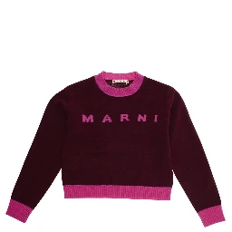 Fuchsia Crewneck Sweater with Logo Lettering on the Front and Contrasting Trims in Wool and Cashmere Woman