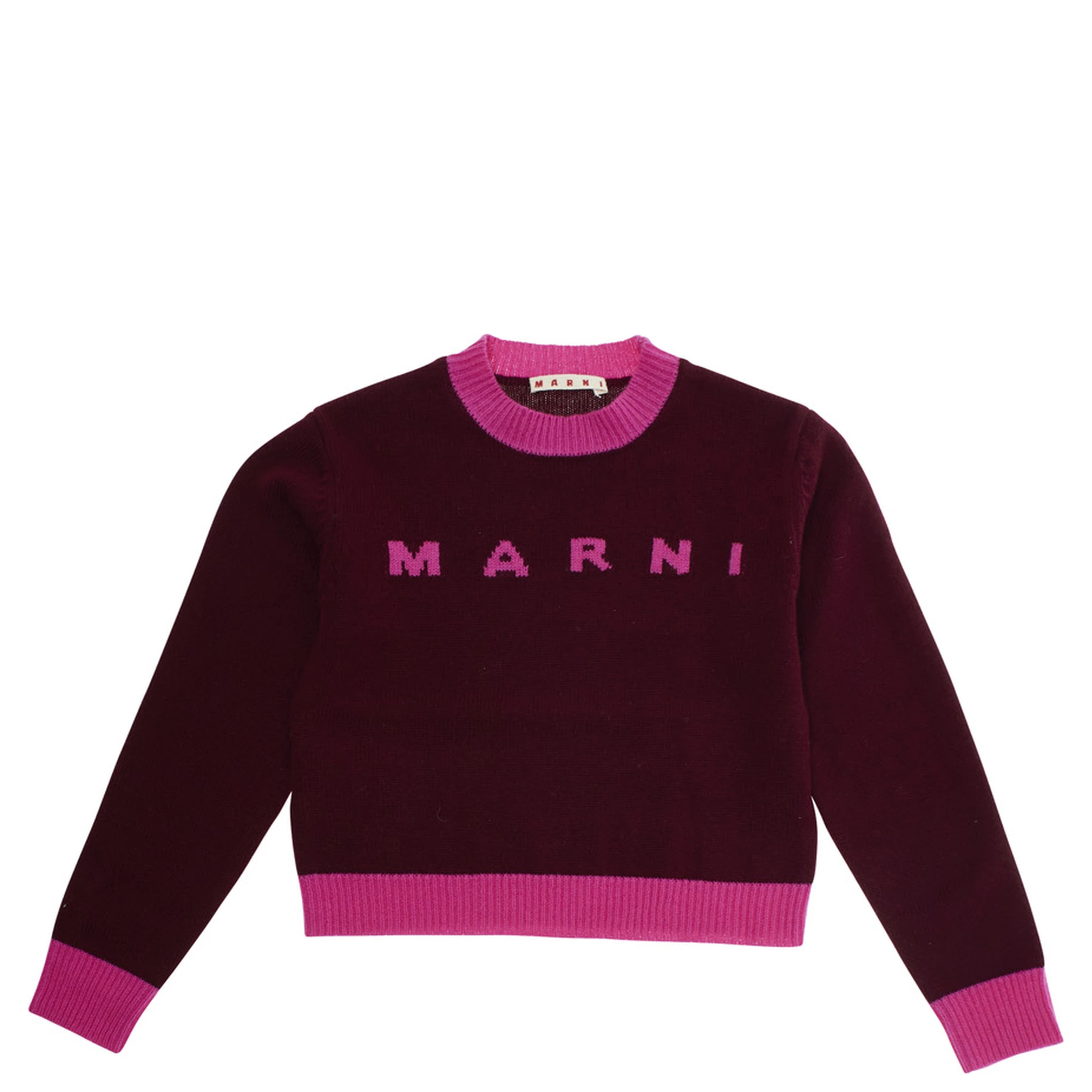 Fuchsia Crewneck Sweater with Logo Lettering on the Front and Contrasting Trims in Wool and Cashmere Woman