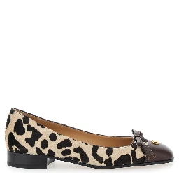Brown Ballerinas with Vlogo Plaque on Front and Animalier Motif in Leather Woman
