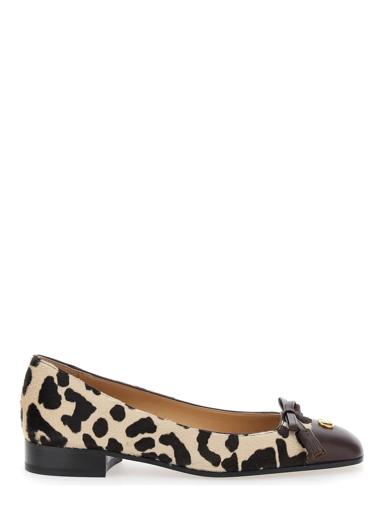 Brown Ballerinas with Vlogo Plaque on Front and Animalier Motif in Leather Woman
