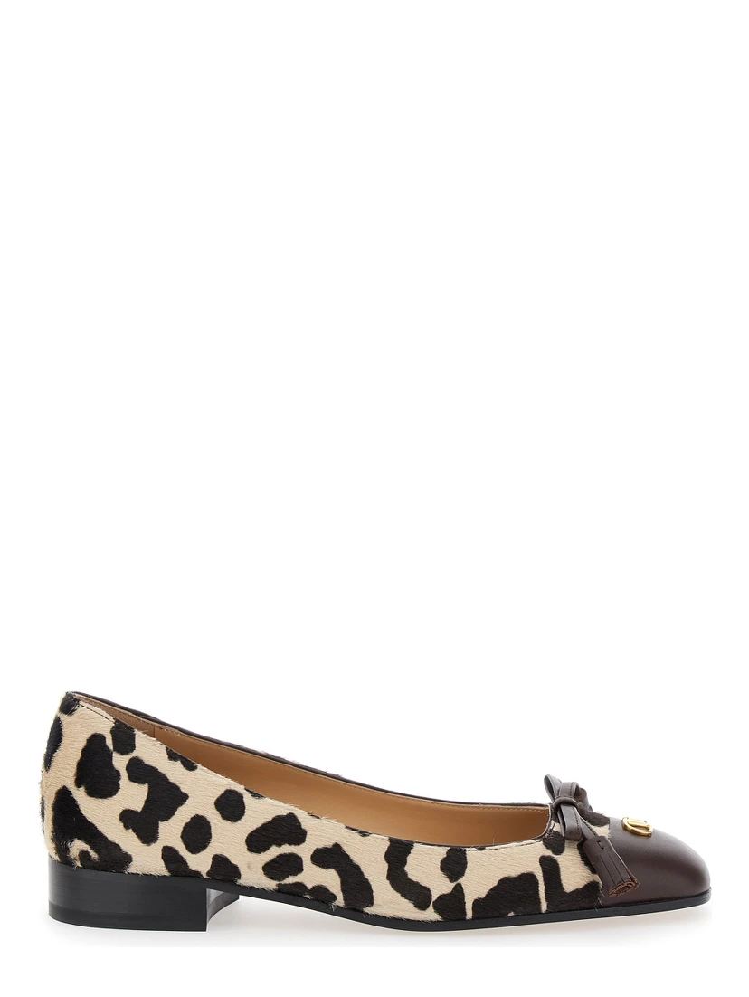 Brown Ballerinas with Vlogo Plaque on Front and Animalier Motif in Leather Woman