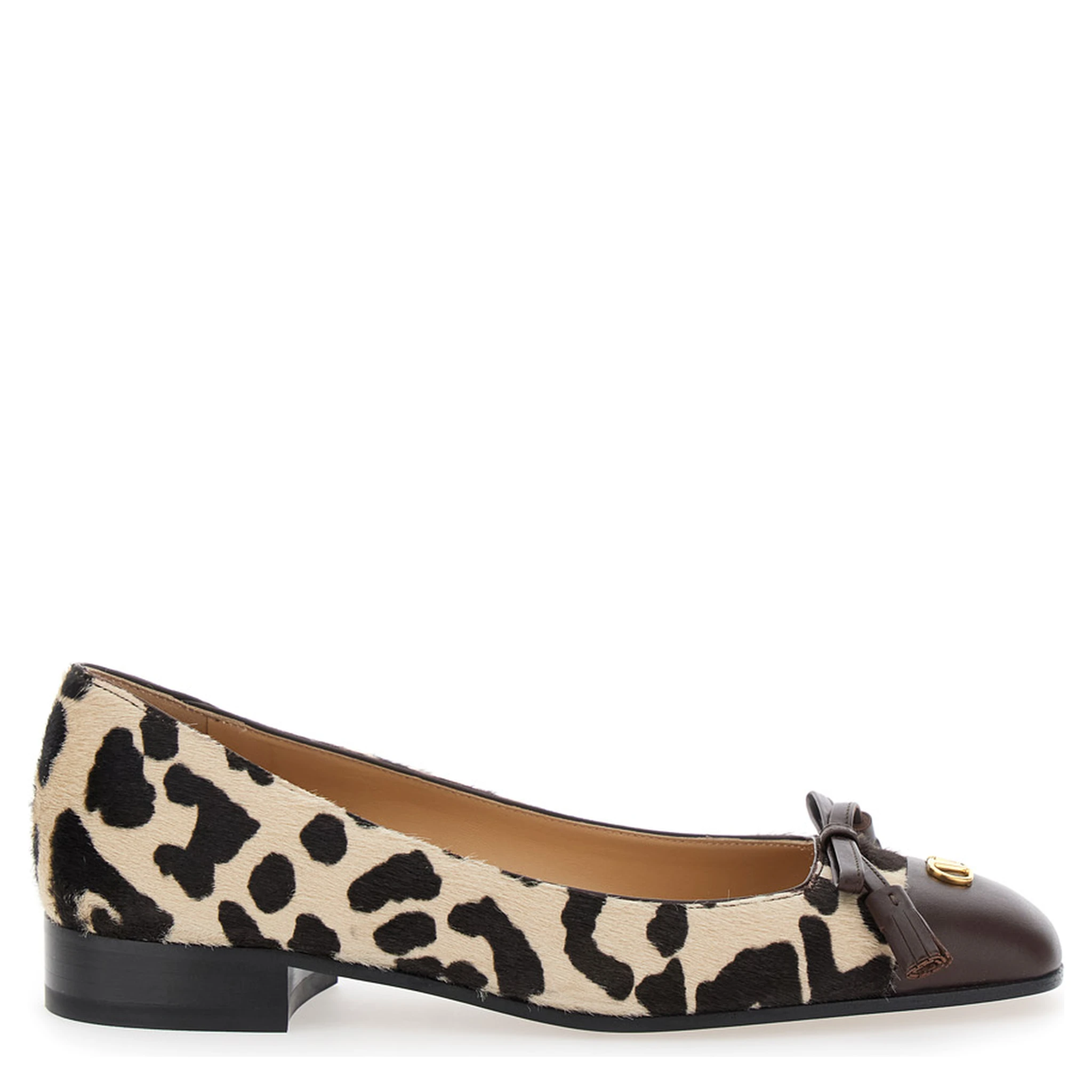 Brown Ballerinas with Vlogo Plaque on Front and Animalier Motif in Leather Woman