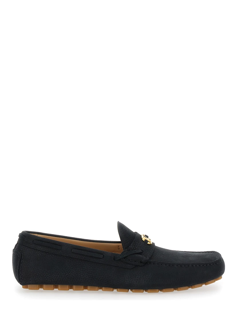 Black Loafers with Round Toe and VLogo Plaque in Suede Man