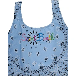 Light Blue Swimsuit with Embroidered Logo on the Front and All-Over Bandana Print in Tech Fabric Girl