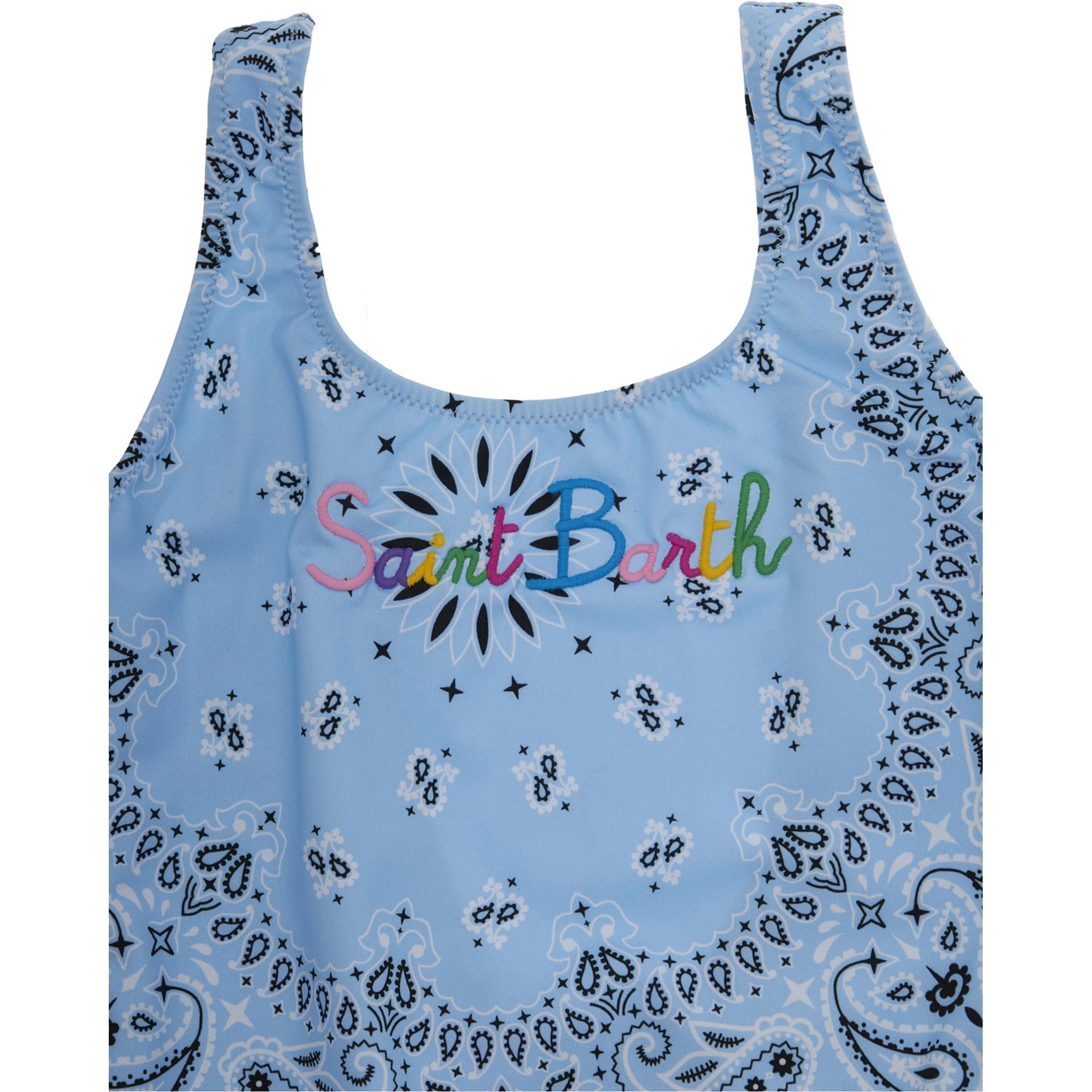 Light Blue Swimsuit with Embroidered Logo on the Front and All-Over Bandana Print in Tech Fabric Girl