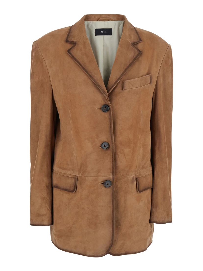 Modena Beige Single-Breasted Jacket with Classic Lapels in Suede Woman
