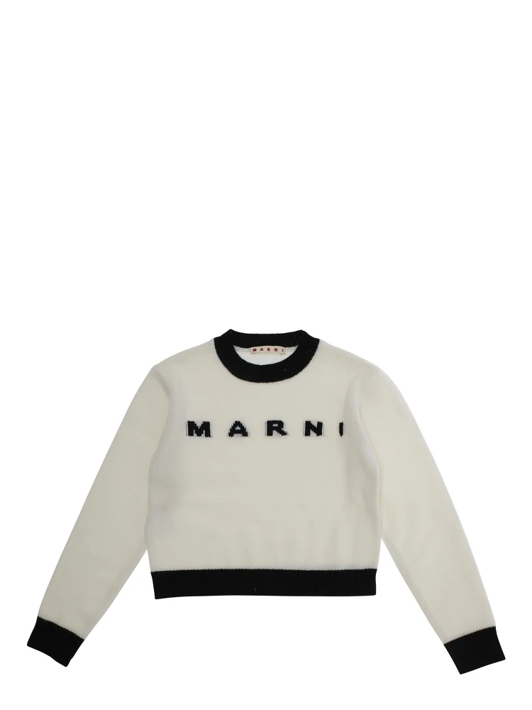 White Crewneck Sweater with Logo Lettering on the Front and Contrasting Trims in Wool and Cashmere Woman