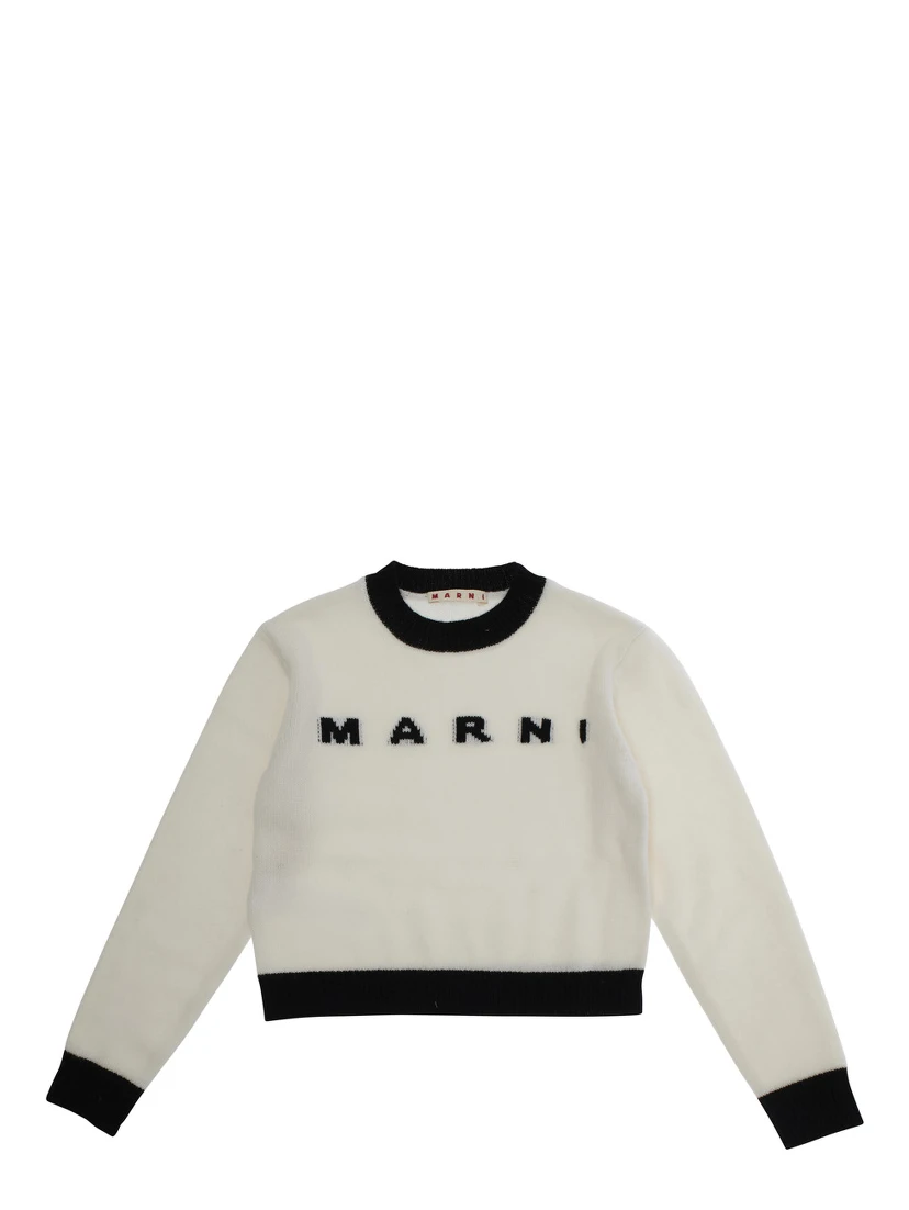 White Crewneck Sweater with Logo Lettering on the Front and Contrasting Trims in Wool and Cashmere Woman