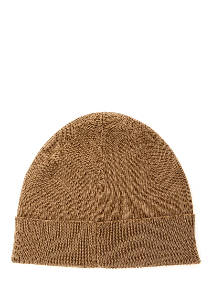 Beige Knit Beanie with Logo Patch on the Front in Wool Woman