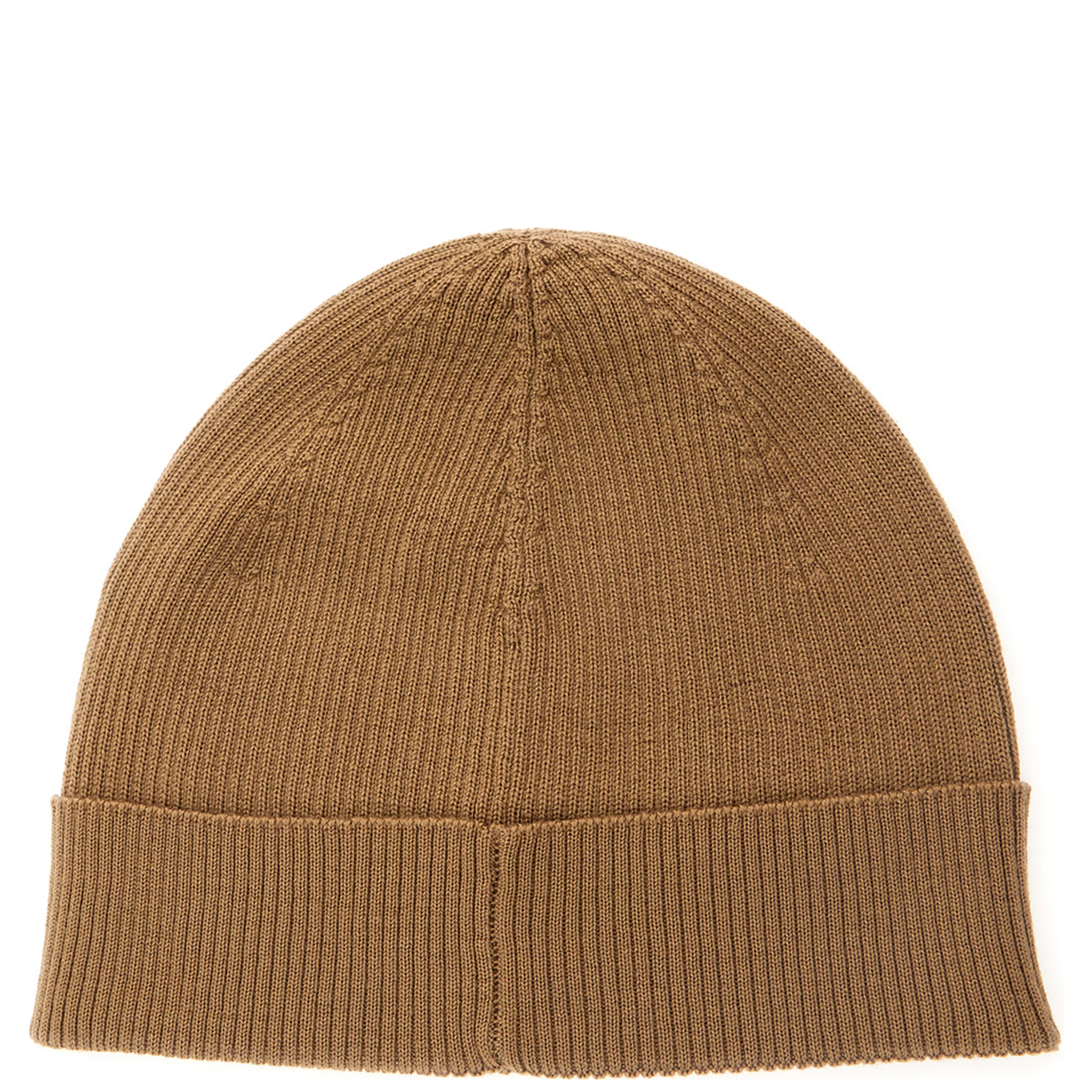Beige Knit Beanie with Logo Patch on the Front in Wool Woman