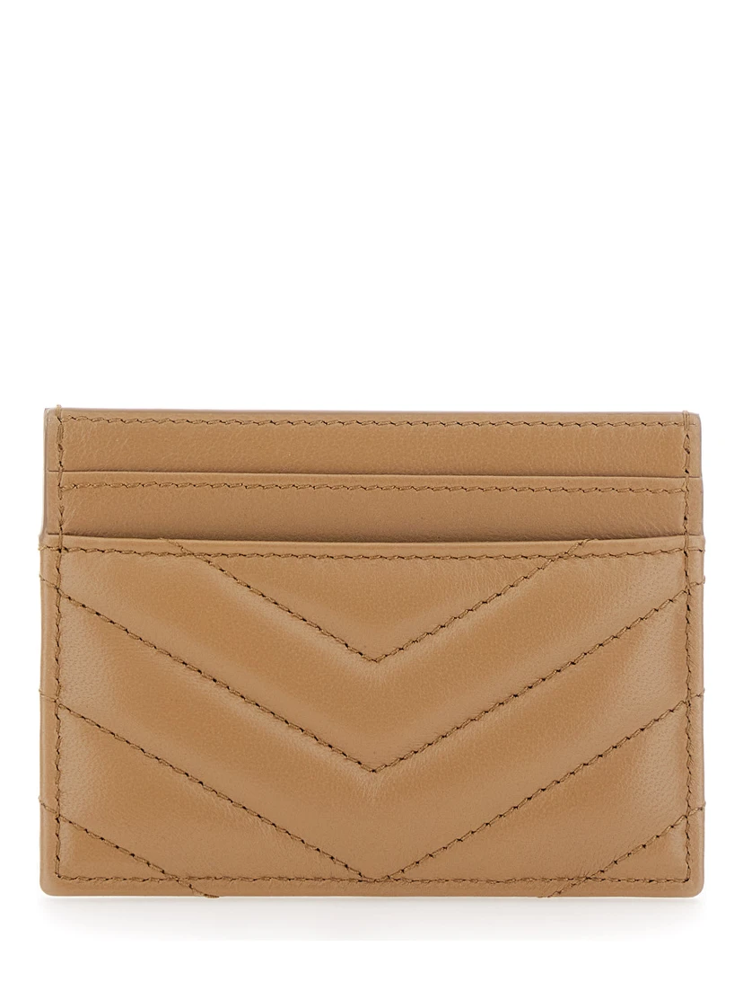 Beige Card Holder with Cassandre Plaque on Front in Chevron Leather Woman