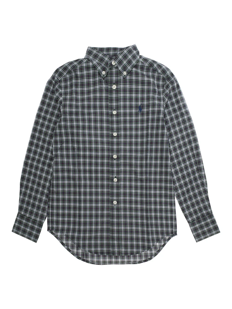 Green Shirt with Pony Embroidery on the Front and All-Over Check Motif in Cotton Boy